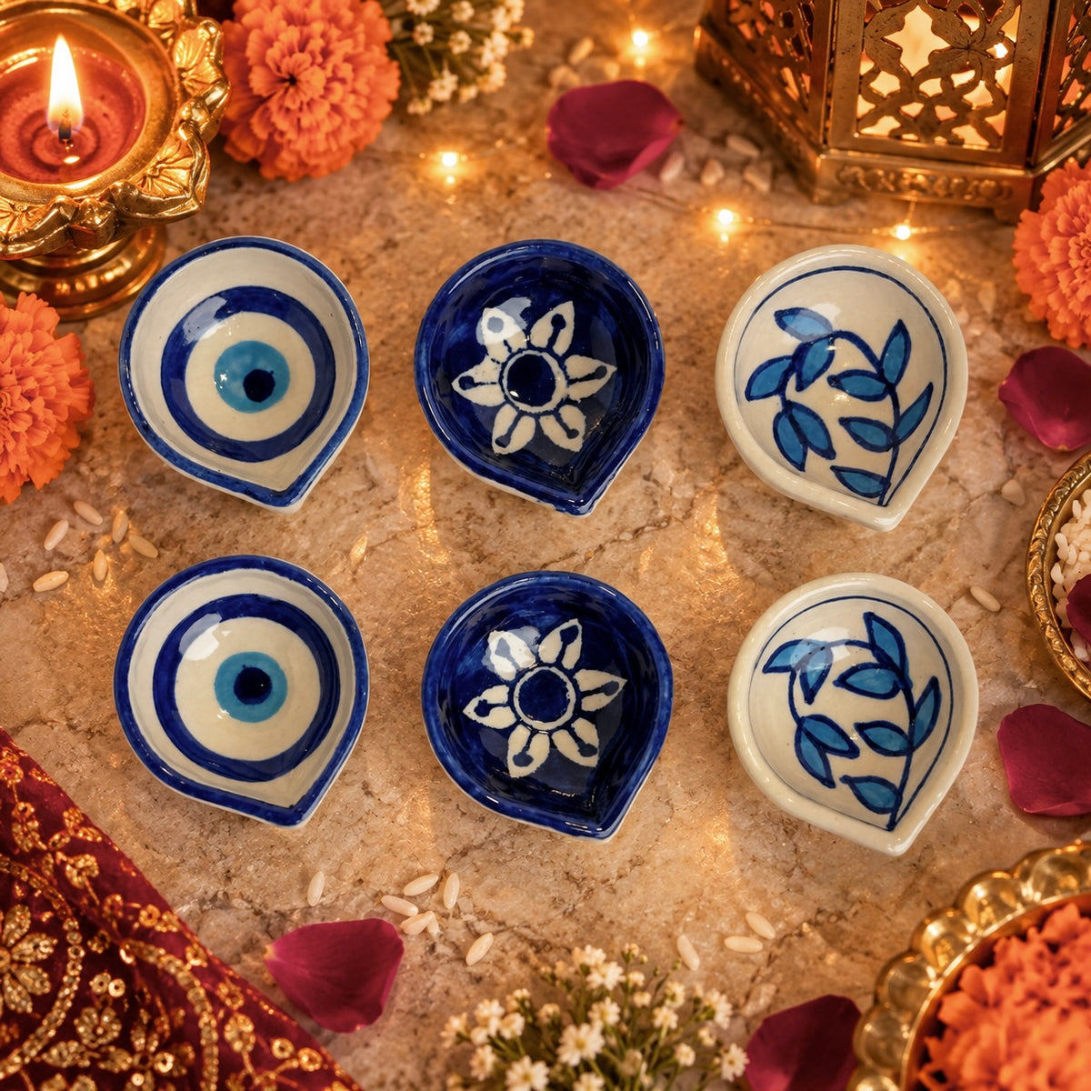 Handpainted Ceramic Diya - Pack of 6