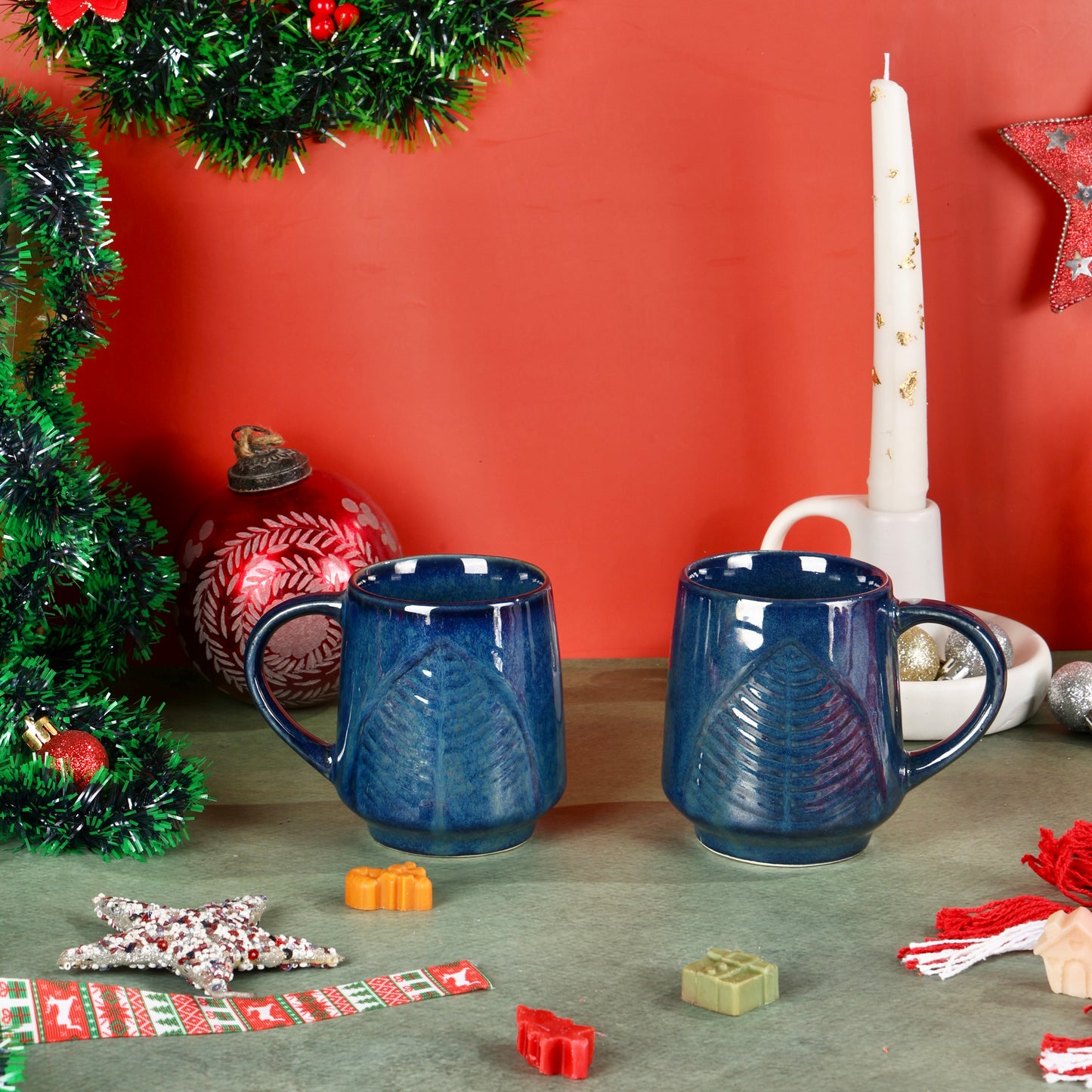 Blue Leaf Mug - Set of 2