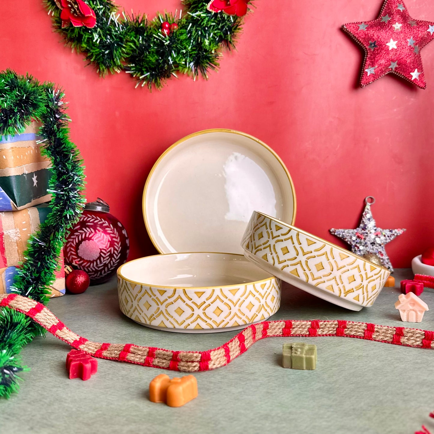 Green Lattice 3 Piece Nesting Flat Bowl Set