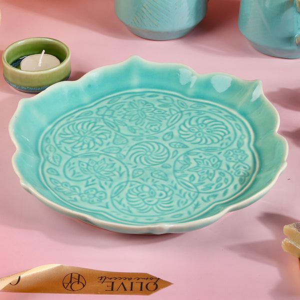 Studio Pottery Mint Embossed Lotus Platter