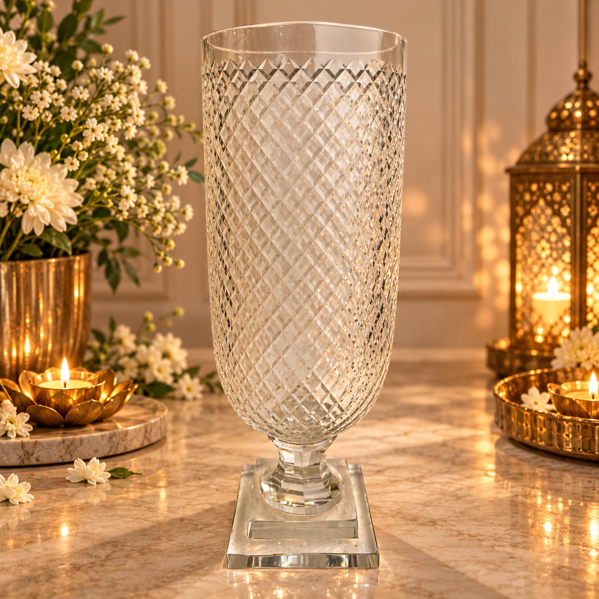 Crystal Cut Tall Glass Hurricane or Vase