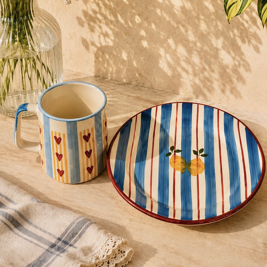 Sun Kissed Orchard Pasta Plate and Sweetheart Stripe Mug - Set of 2