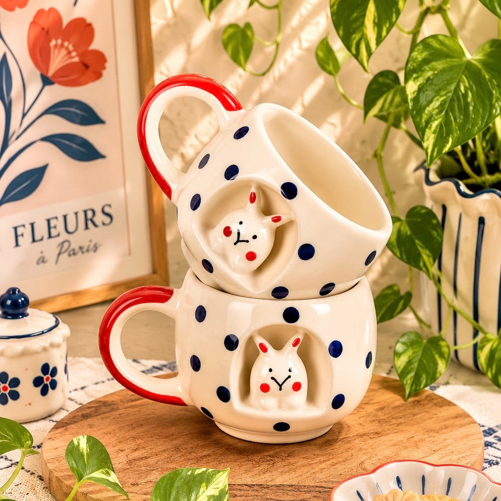 Pixie 4D Blue and Red Bunny Polka Mugs - Set of 2