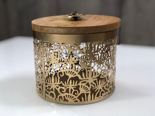 Filigree Gold Brass Jar with wooden lid