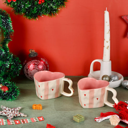 Handmade Pink Stripes Heart Shaped Mugs - Set of 2