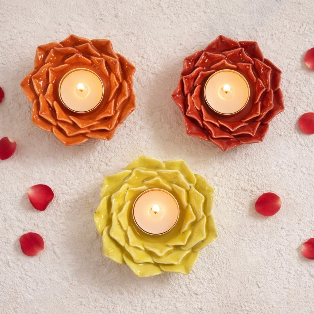 Handmade Ceramic Flower t-light holder - Pack of 3 Red, Yellow and Orange