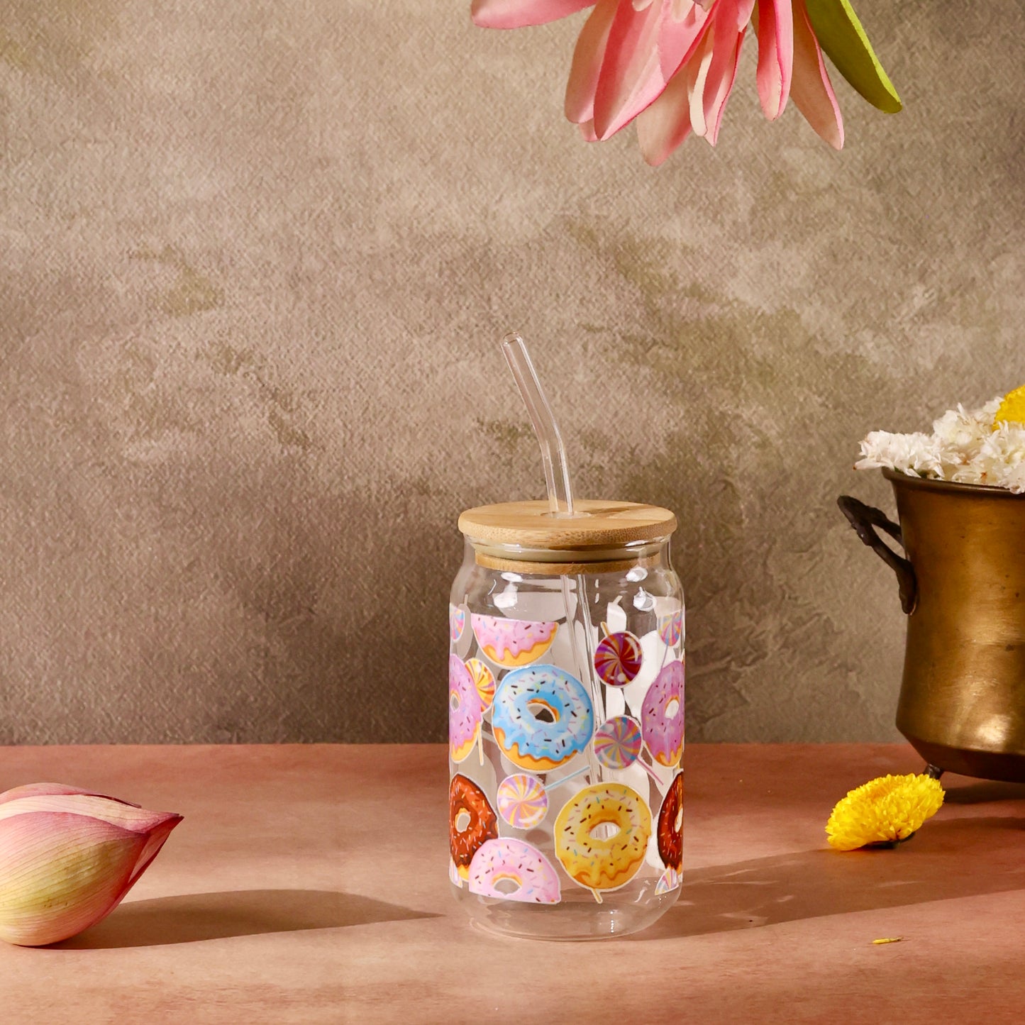 Doughnuts Ophelia Glass Sipper - with UV DTF sticker