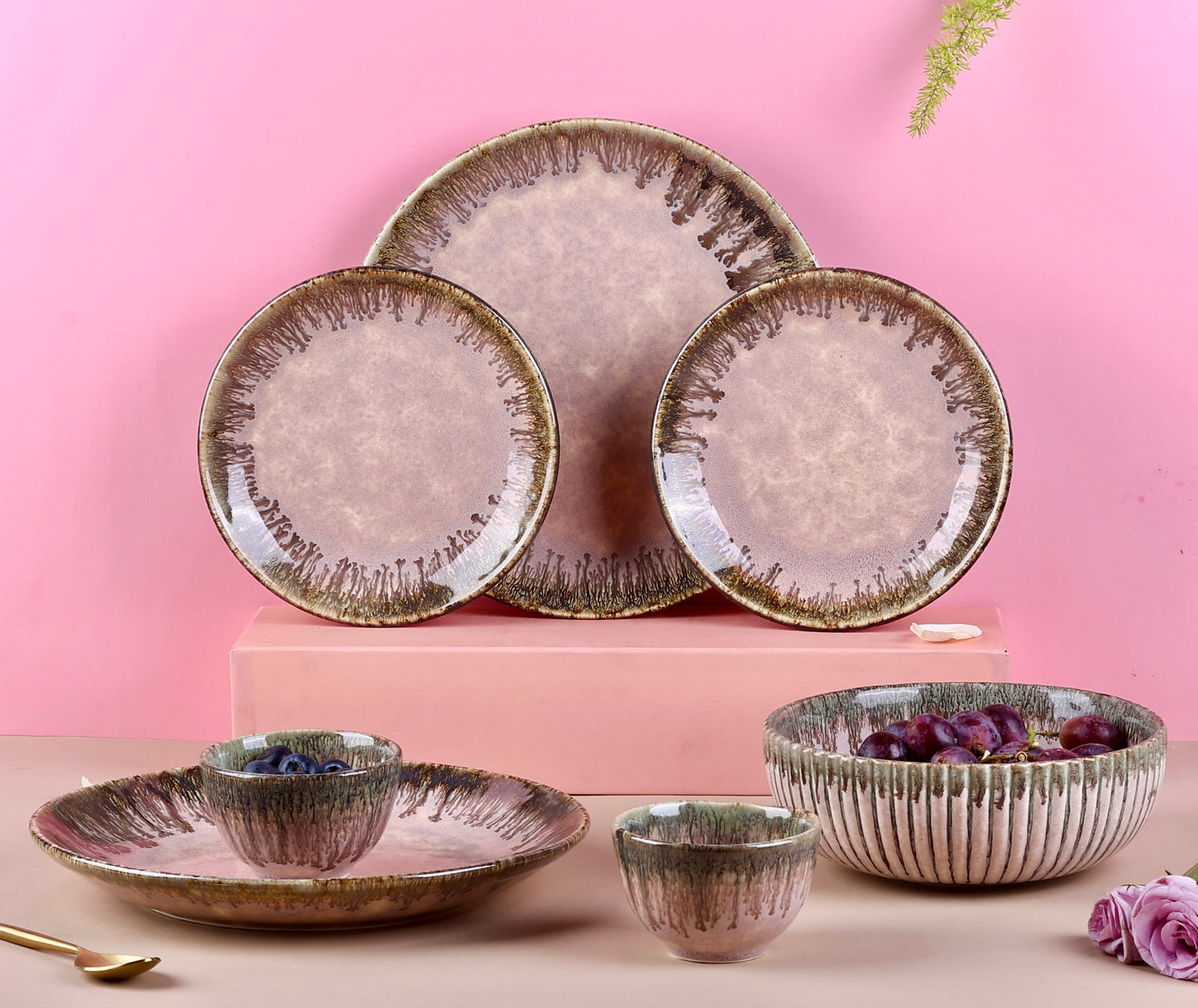 Pastel Pink Studio Pottery Dinner Set for 2 (Exclusive) - 7 pieces