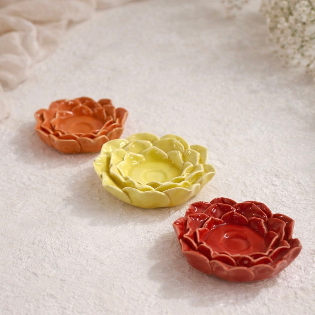 Handmade Ceramic Flower t-light holder - Pack of 3 Red, Yellow and Orange
