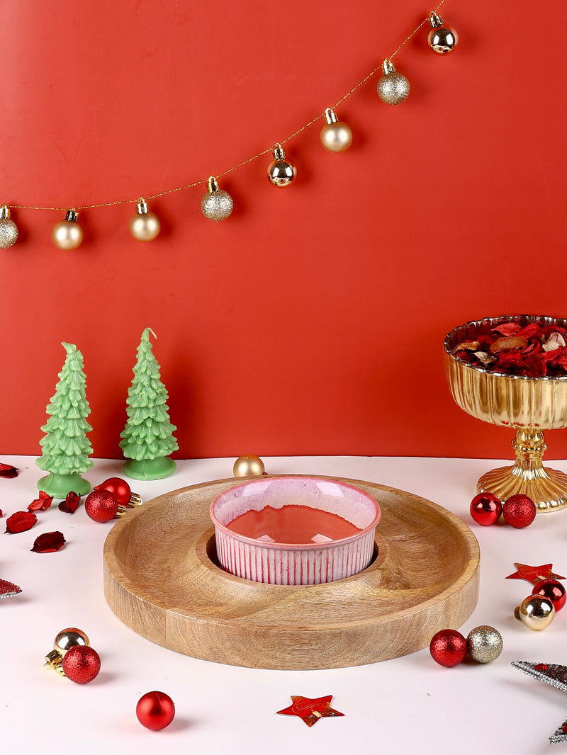 Wooden Ring Snack Platter with Red Bowl