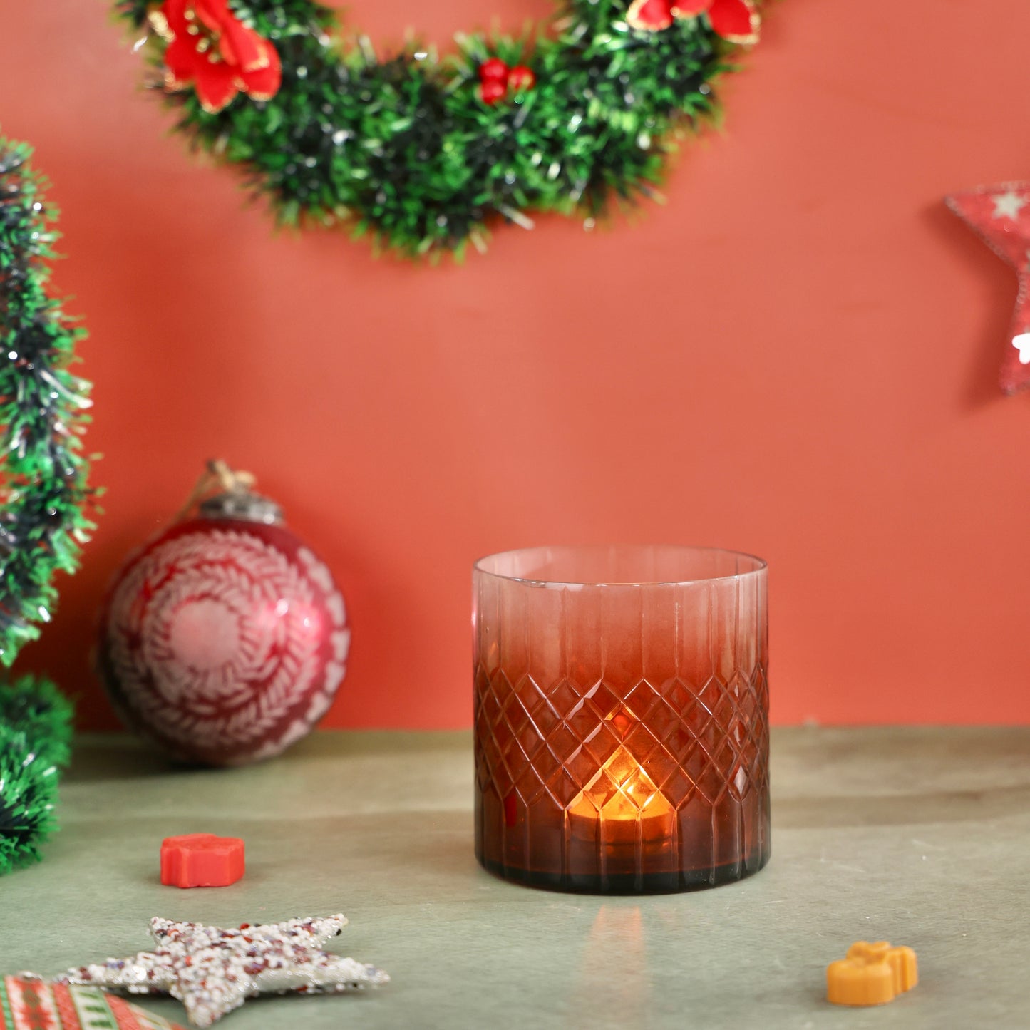 Crystal Cut Amber Glass Votive - T-light or candle holder