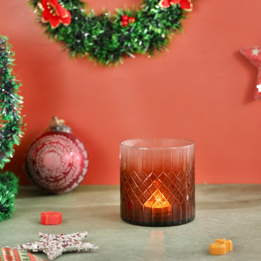 Crystal Cut Amber Glass Votive - T-light or candle holder