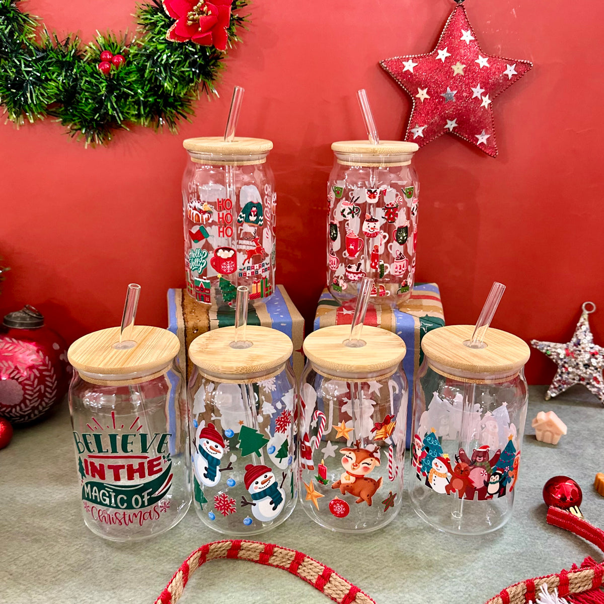 Set of 6 Christmas Glass Sippers - with UV DTF stickers