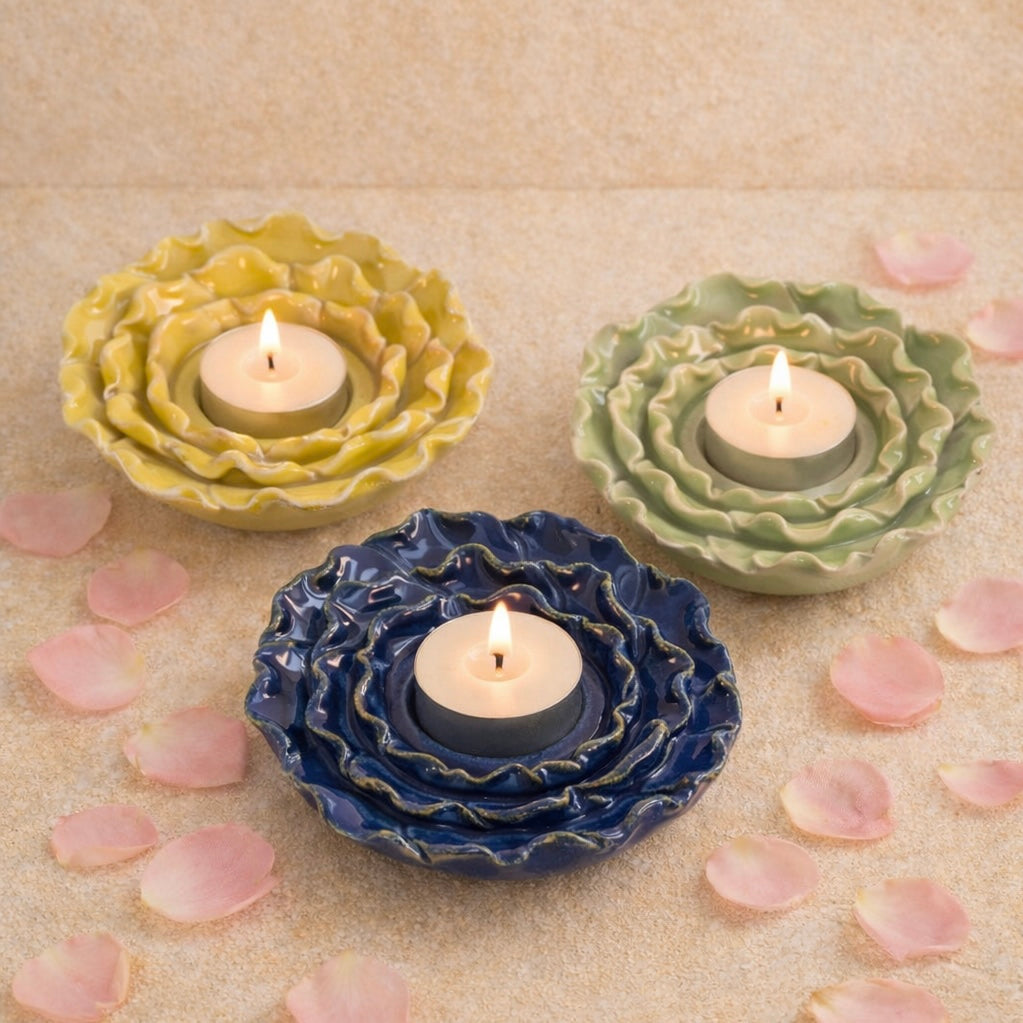 Handmade Ceramic Flower t-light holder - Pack of 3 Green, Blue and Yellow