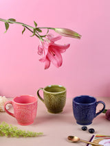 Studio Pottery Renee Embossed Mugs - Blue, Green, Pink