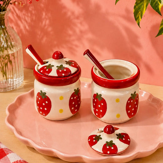 Strawberries and Daisies Jam or Pickle Jar with spoon - not airtight