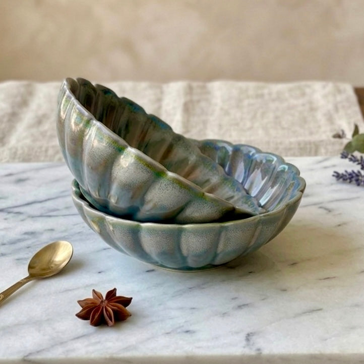 Raga Studio Pottery Green Scalloped Shallow Bowls