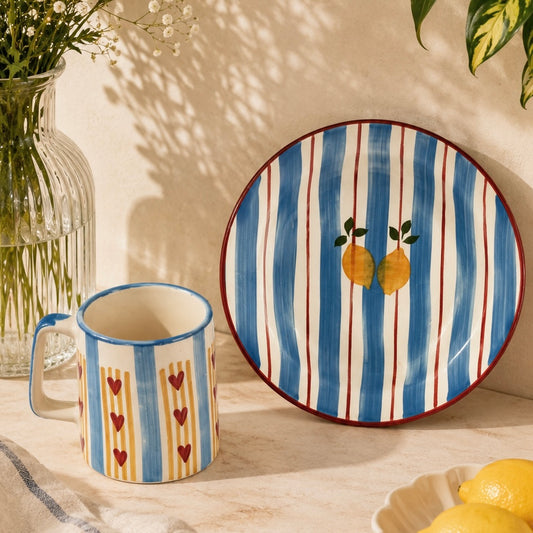 Sun Kissed Orchard Pasta Plate and Sweetheart Stripe Mug - Set of 2