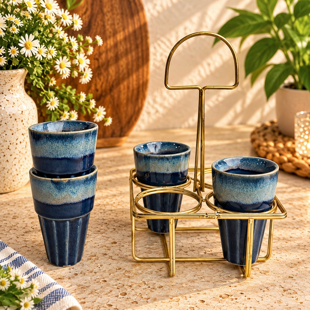 Set of 4 Chai Glasses with Golden Stand - Blue