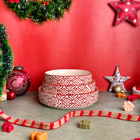 Red Lattice 3 Piece Nesting Flat Bowl Set