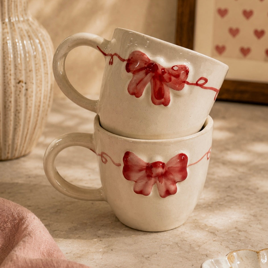 Trellis Pink Bow Mugs - Set of 2