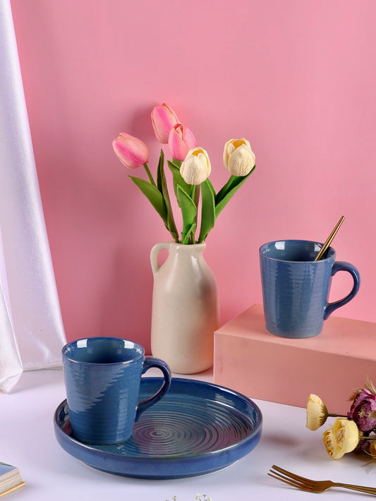 Aranya Blue Deep Sided Platter or Tray with Mugs - Set of 3 pieces