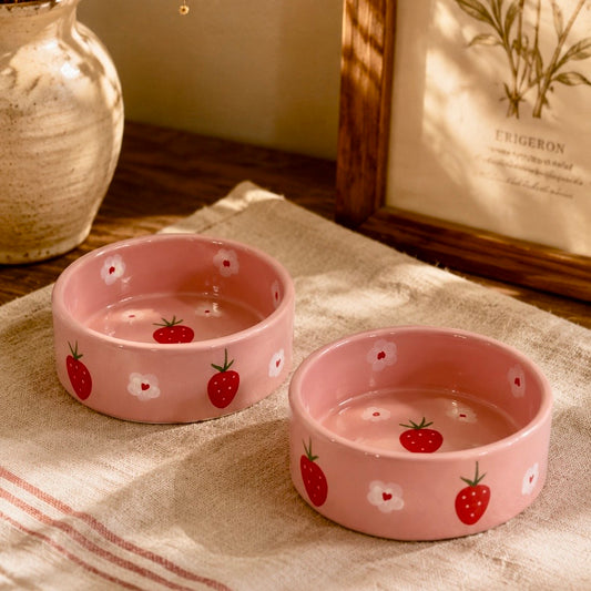 Pink Strawberries and Daisies Handpainted Flat Bowl