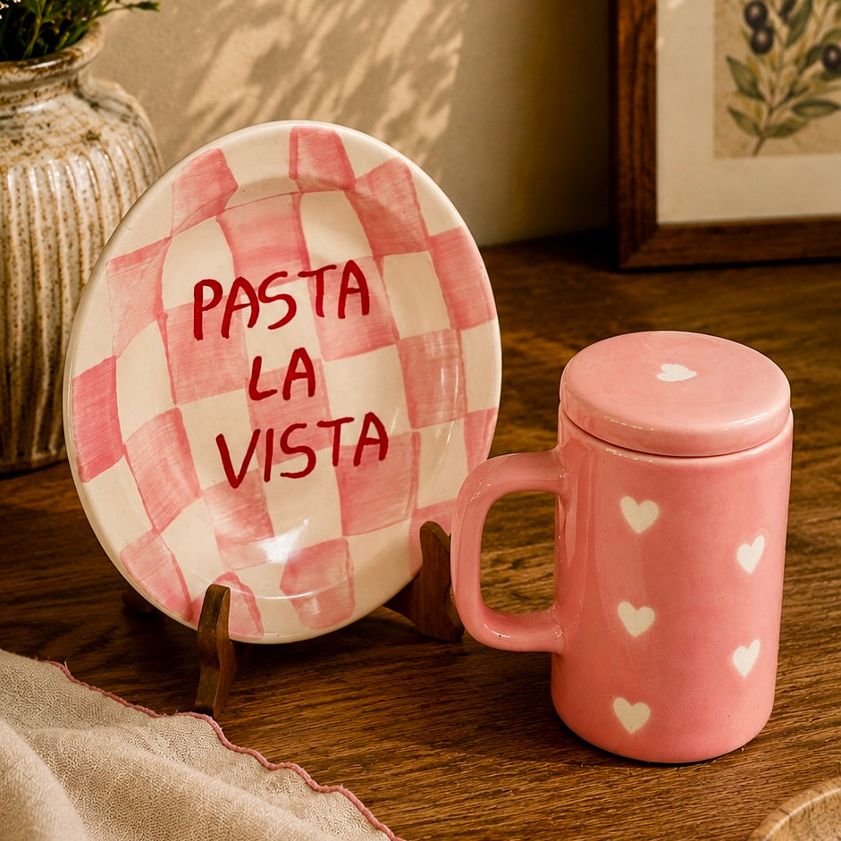 Pasta La Vista Pasta Plate and Pink Heart Mug with Lid - Set of 2