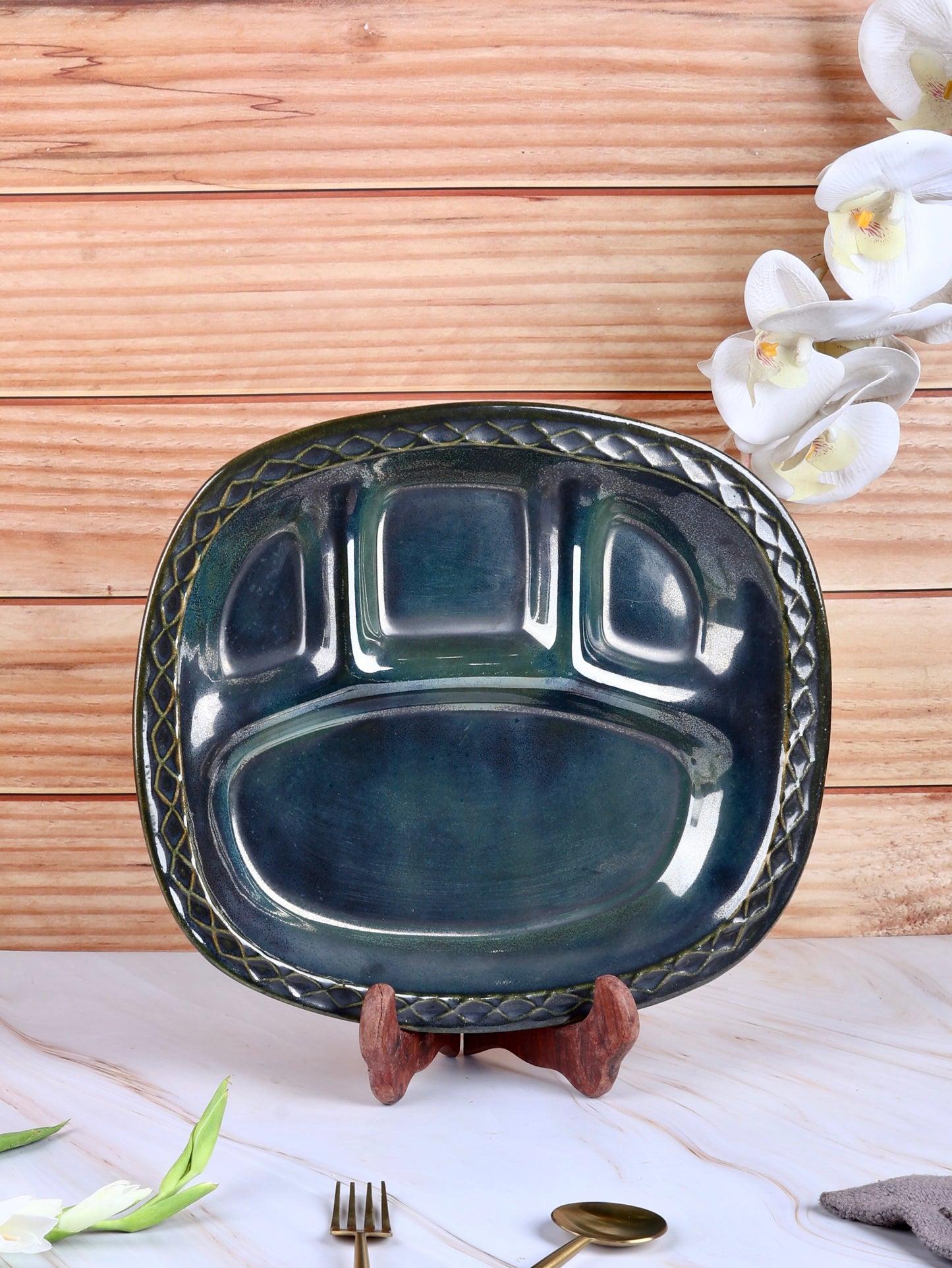 Indian Meal Studio Pottery Thali - Blue, Green, White Speckled