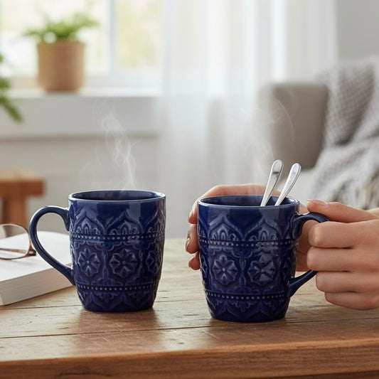 Rooh Blue Embossed Mug - Set of 2