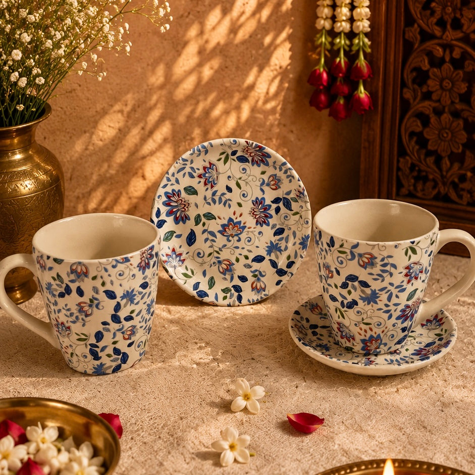 Vrindavan Mugs and Tea Plates Set - Pack of 4