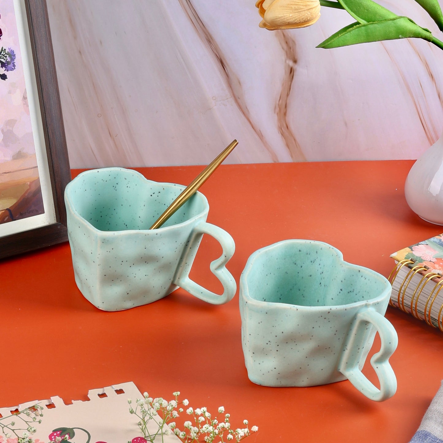 Handmade Pink and Teal Heart Shaped Mugs