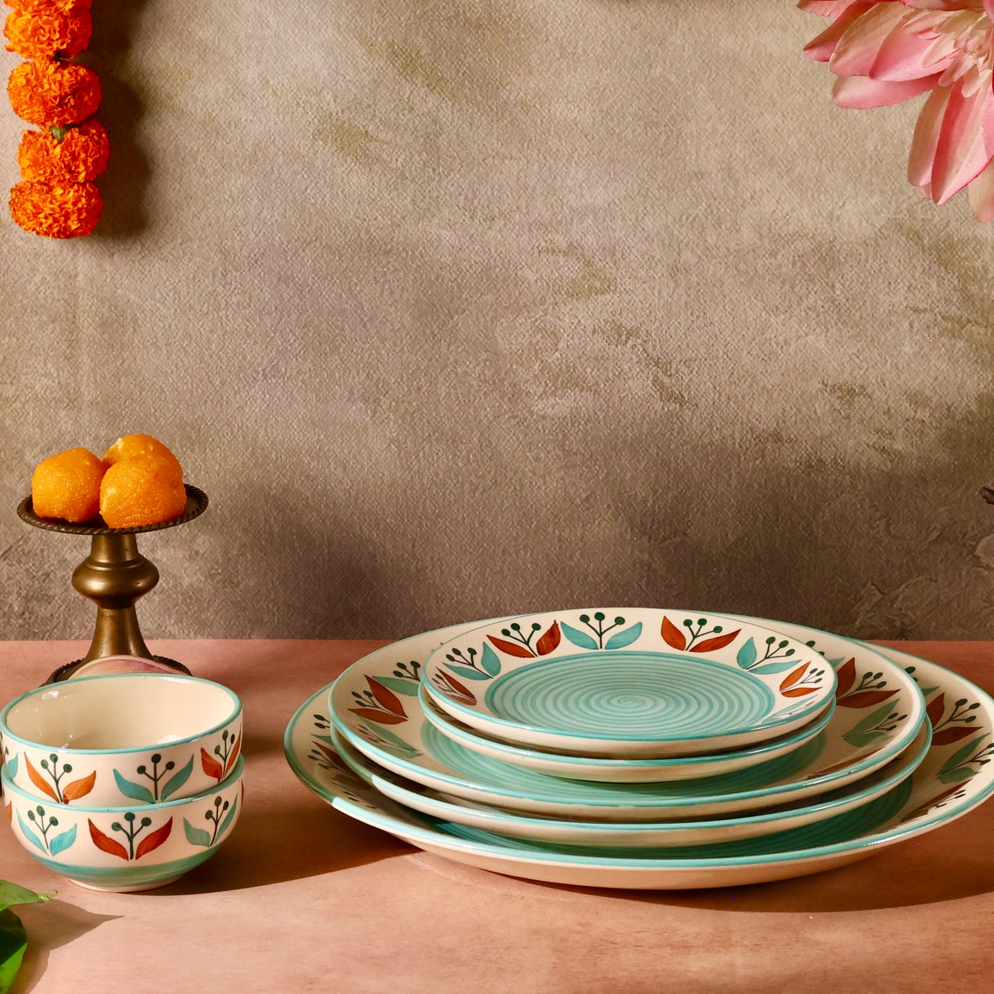 Mughal Garden Handpainted Dinner Set for 2 - 7 pieces