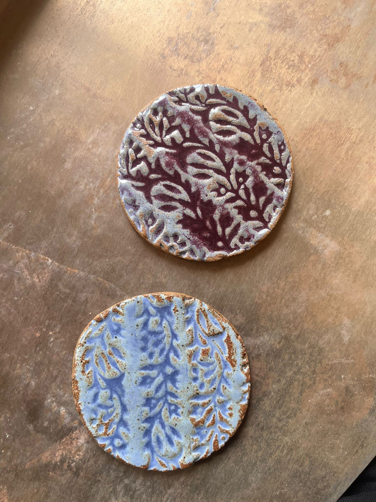 Handmade studio pottery embossed coaster - Set of 2
