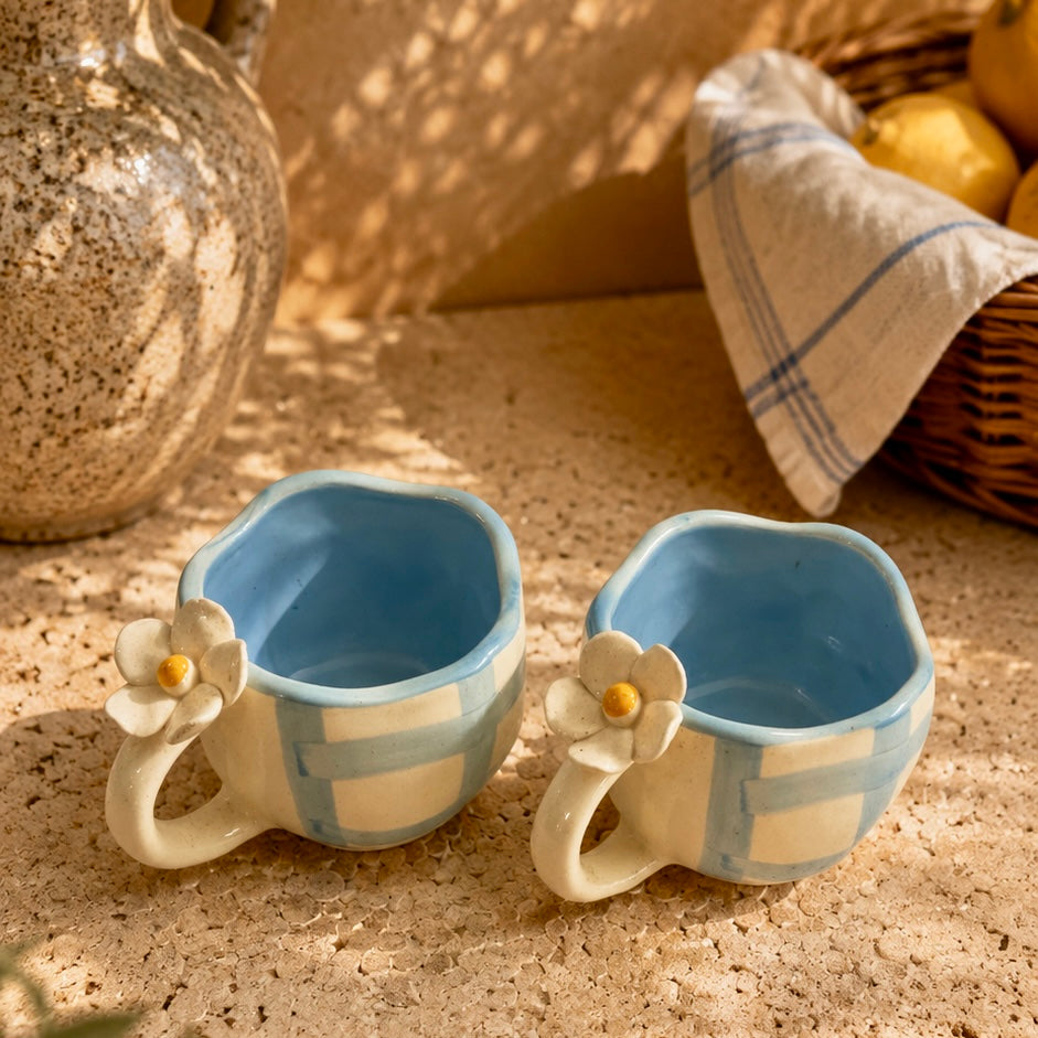 Pixie Blue 4D Plumeria Checkered Mugs - Set of 2