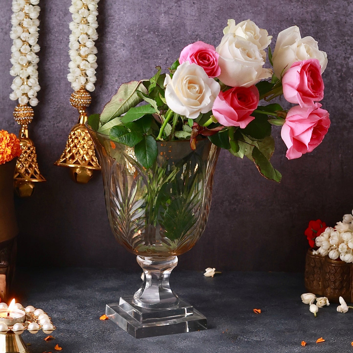 Crystal Cut Amber Glass Hurricane or Vase
