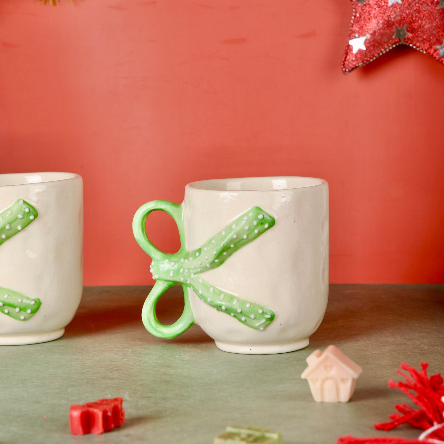 Coquette Handmade Green Bow Polka Mug - Set of 2