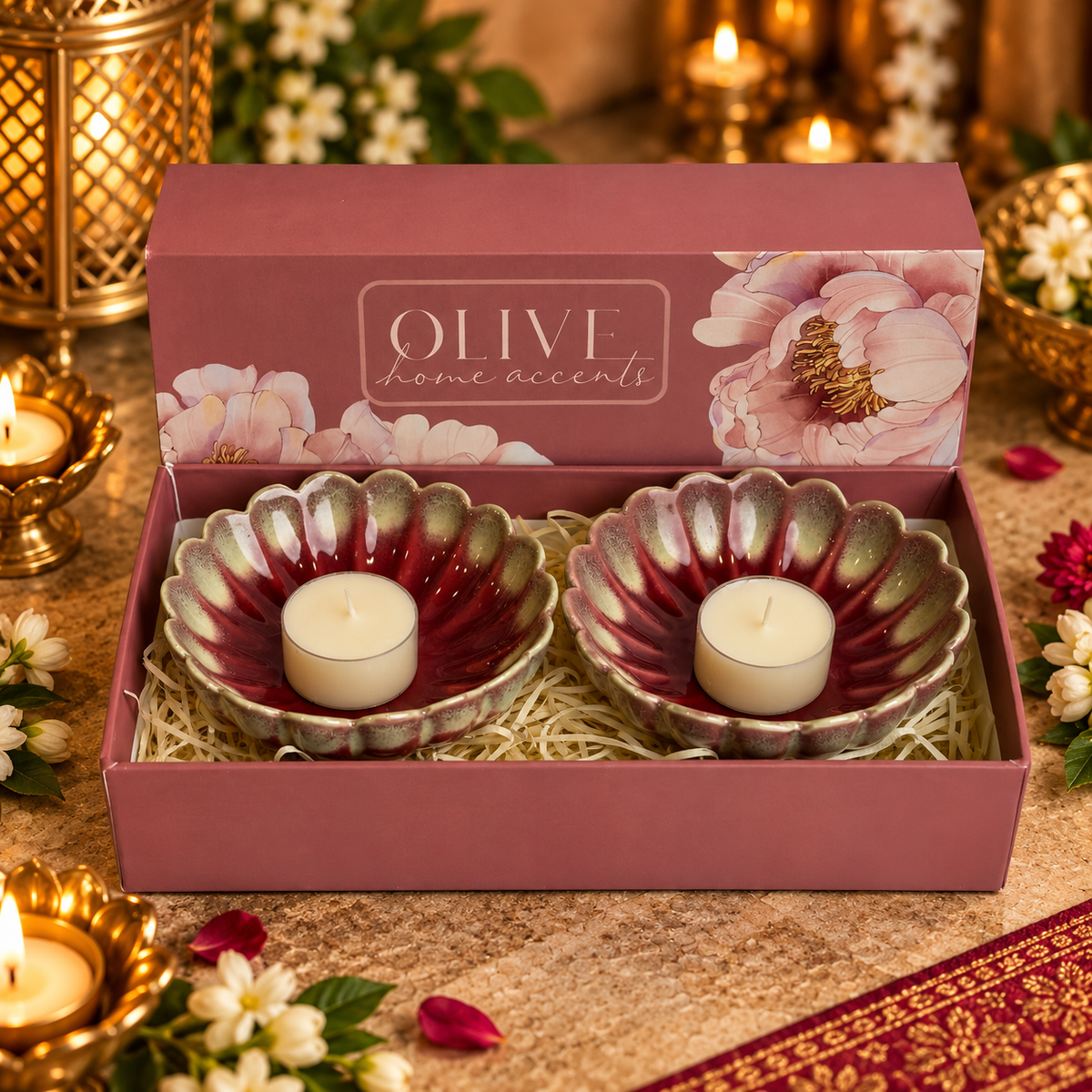 Luminous Celebrations Hamper - Set of 2 floral t light holders