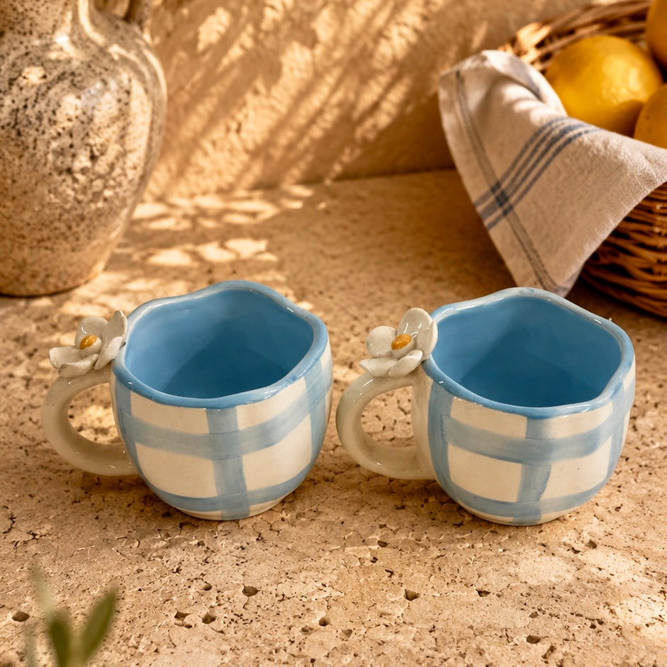 Pixie Blue 4D Plumeria Checkered Mugs - Set of 2