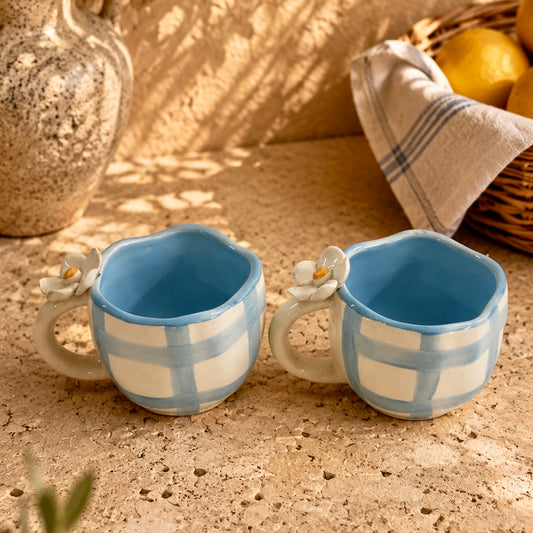 Pixie Blue 4D Plumeria Checkered Mugs - Set of 2