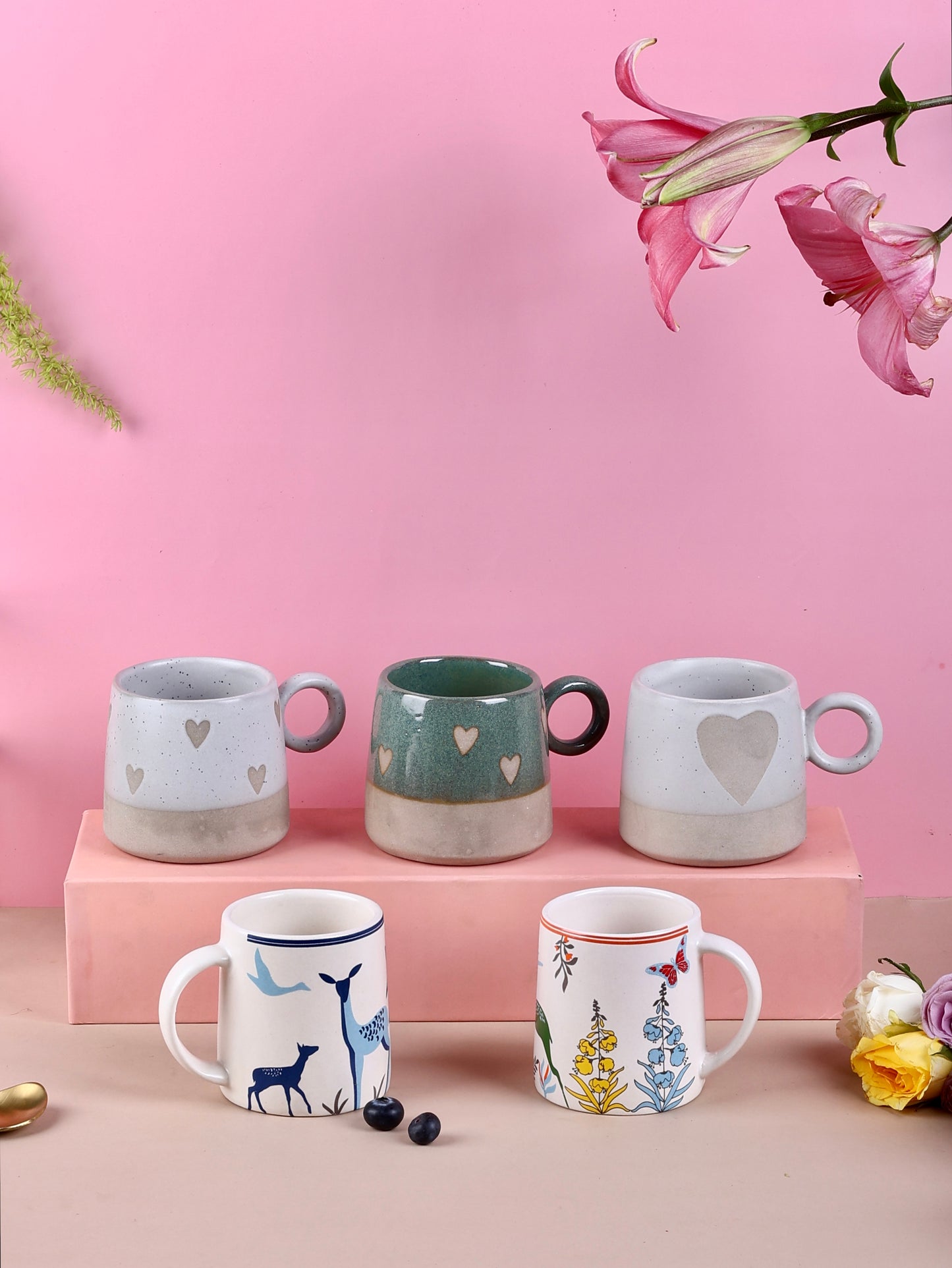 Deer and Heart Mugs Set of 5