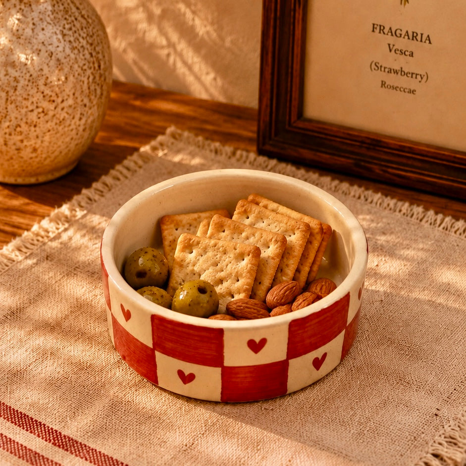 Heart Checkered Handpainted Flat Bowl Small
