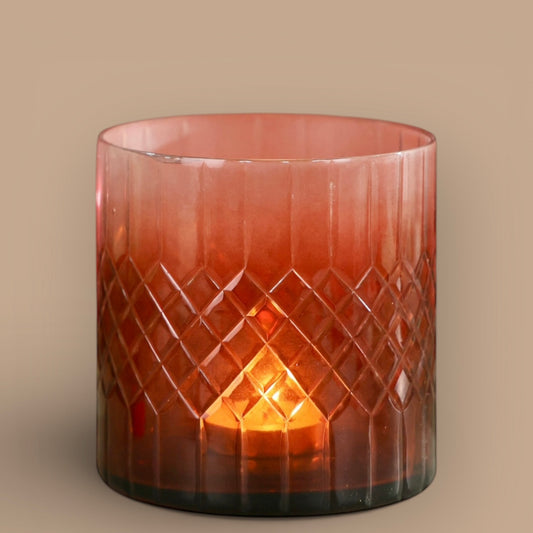 Crystal Cut Amber Glass Votive - T-light or candle holder