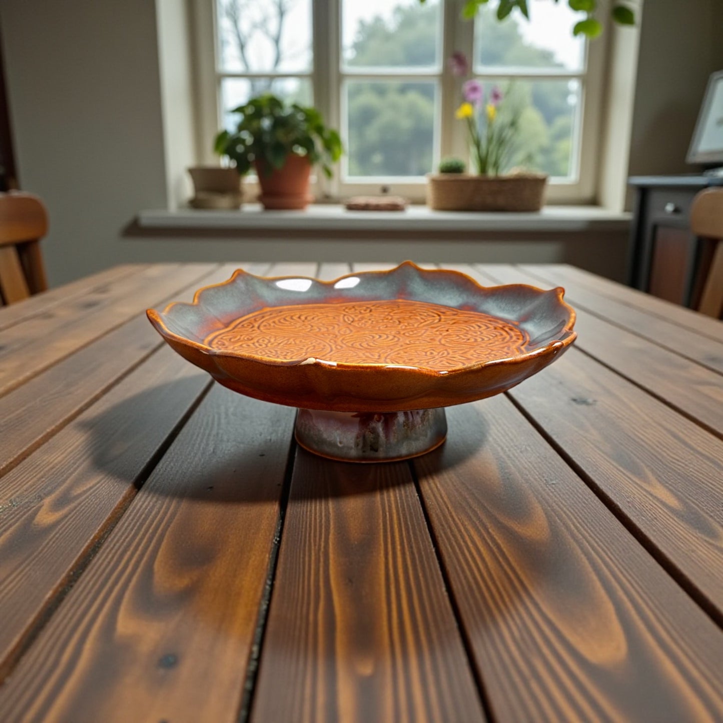 Vintage Embossed Dual Glaze Studio Pottery Lotus Shaped Ceramic Cake Stand