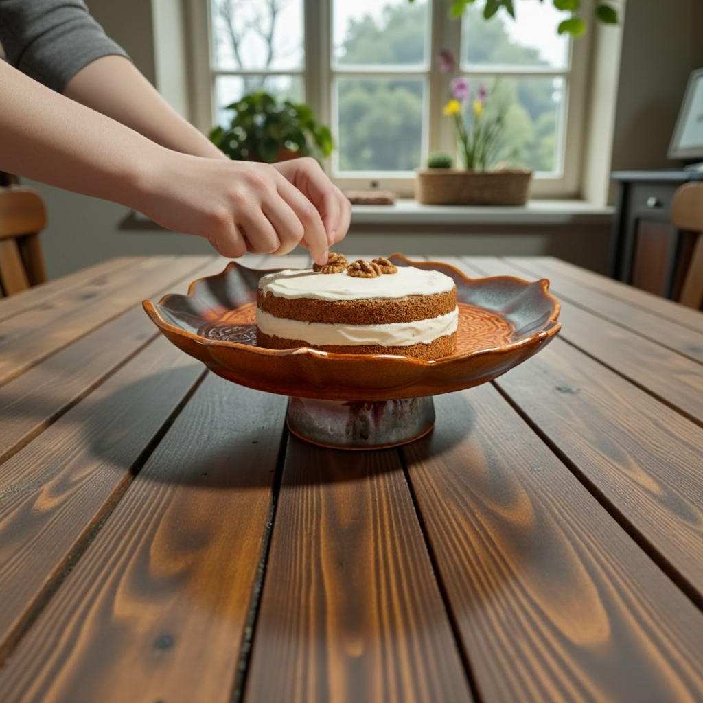 Vintage Embossed Dual Glaze Studio Pottery Lotus Shaped Ceramic Cake Stand