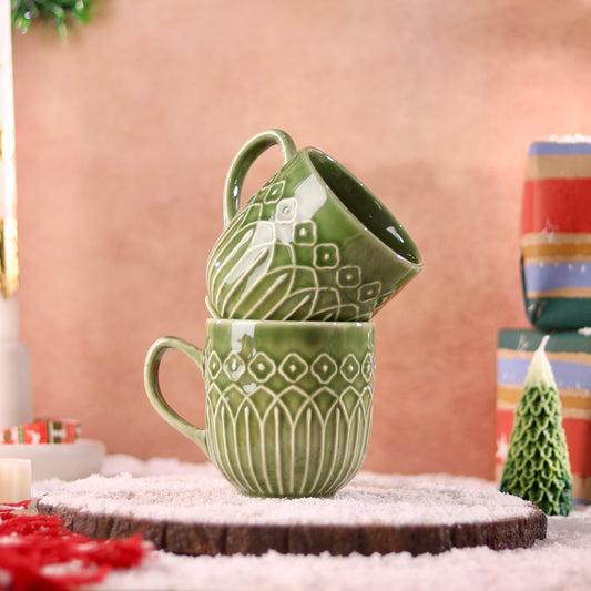 Pine Haven Green Embossed Mug - Set of 2