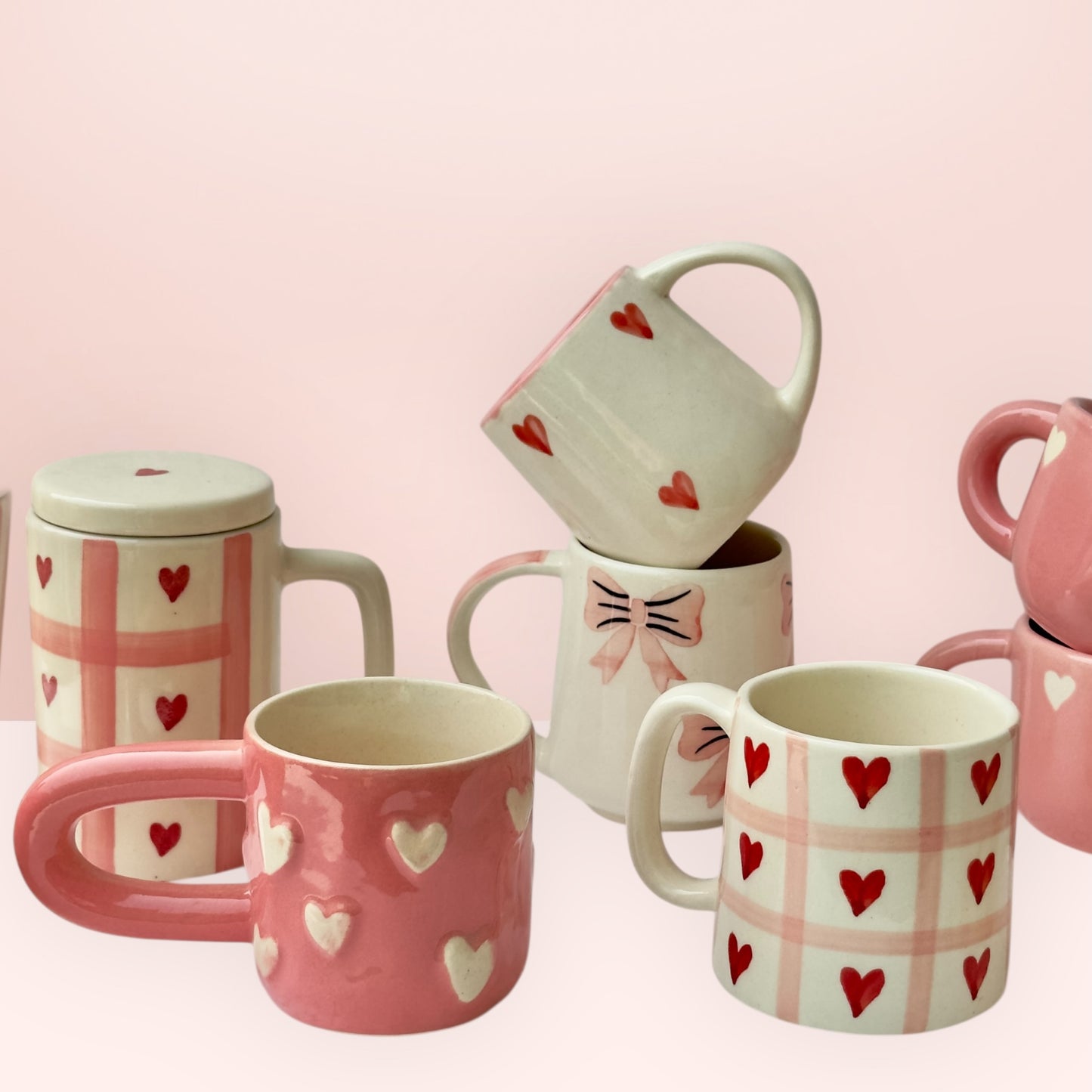 Set of 10 Statement Pink Heart and Bow Mugs