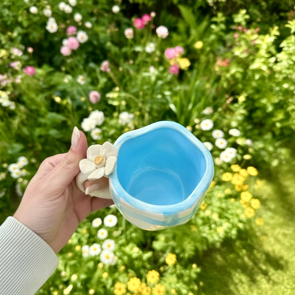 Pixie Blue 4D Plumeria Checkered Mugs - Set of 2