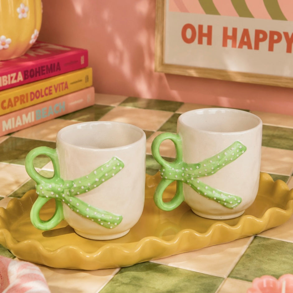 Coquette Handmade Green Bow Polka Mug - Set of 2