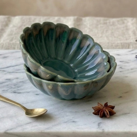 Raga Studio Pottery Green Scalloped Shallow Bowls